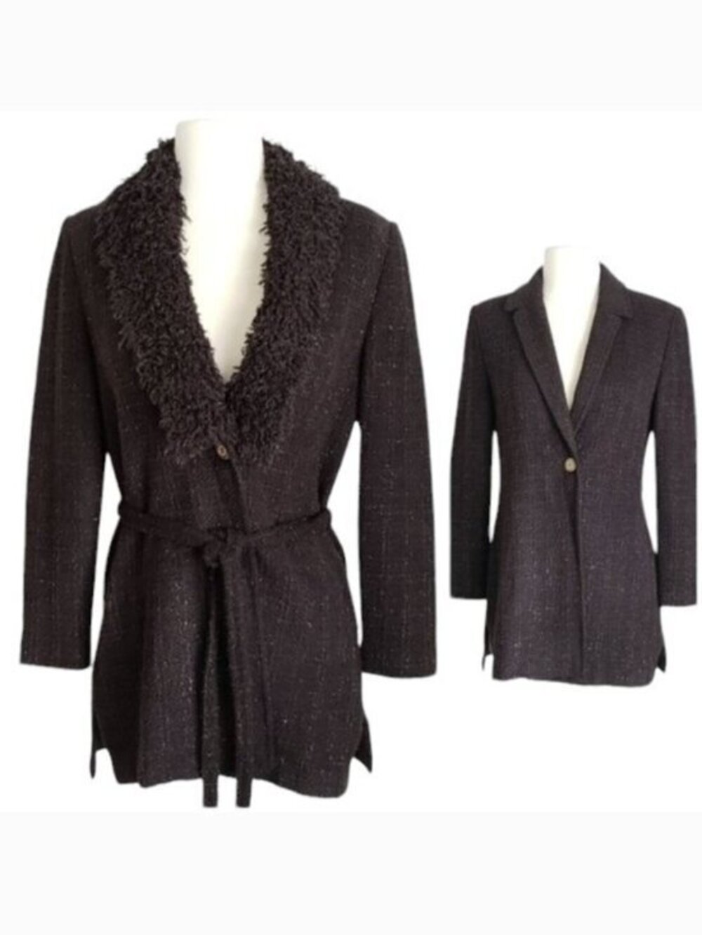 St John Vintage Brown Knit Belted Blazer Jacket w Furry Removable Collar- Size 2